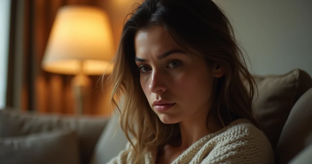 Mulher sentada sozinha em um sofá, com expressão pensativa e melancólica, luz suave e ambiente acolhedor