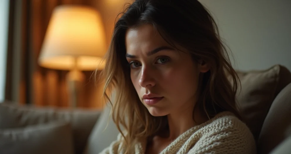 Mulher sentada sozinha em um sofá, com expressão pensativa e melancólica, luz suave e ambiente acolhedor