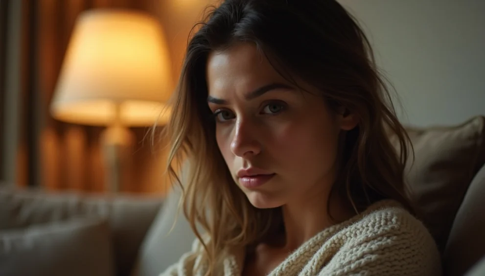 Mulher sentada sozinha em um sofá, com expressão pensativa e melancólica, luz suave e ambiente acolhedor