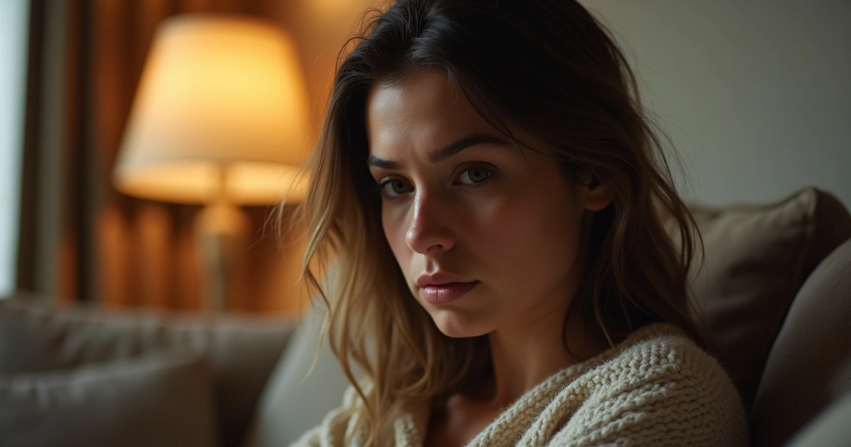 Mulher sentada sozinha em um sofá, com expressão pensativa e melancólica, luz suave e ambiente acolhedor