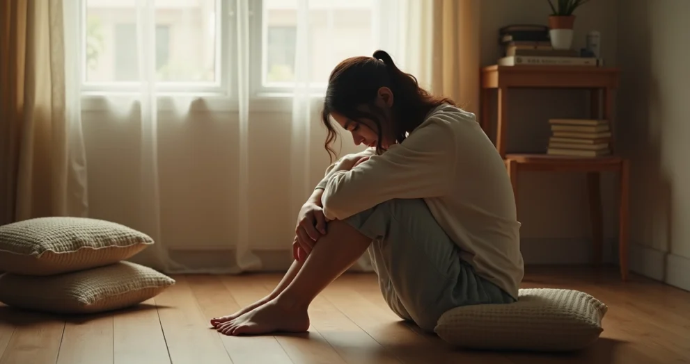 Mulher sentada no chão de um quarto iluminado, olhando para baixo, com expressão pensativa e ambiente acolhedor ao redor