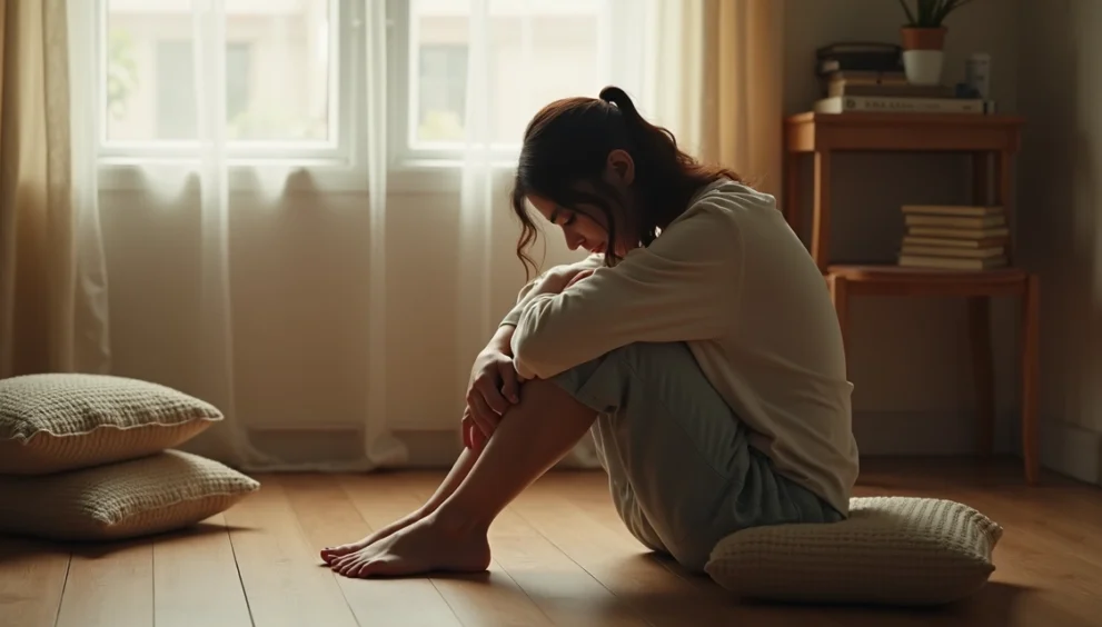 Mulher sentada no chão de um quarto iluminado, olhando para baixo, com expressão pensativa e ambiente acolhedor ao redor