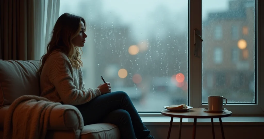 Mulher sentada próxima a janela com gotas de chuva, olhando pensativa para fora em ambiente acolhedor e iluminado