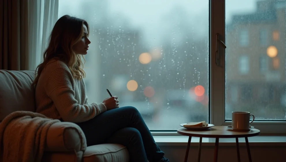 Mulher sentada próxima a janela com gotas de chuva, olhando pensativa para fora em ambiente acolhedor e iluminado