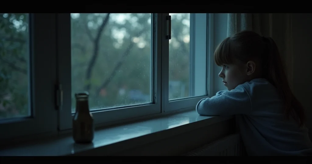 Pessoa sentada olhando pela janela à noite, em ambiente silencioso e introspectivo