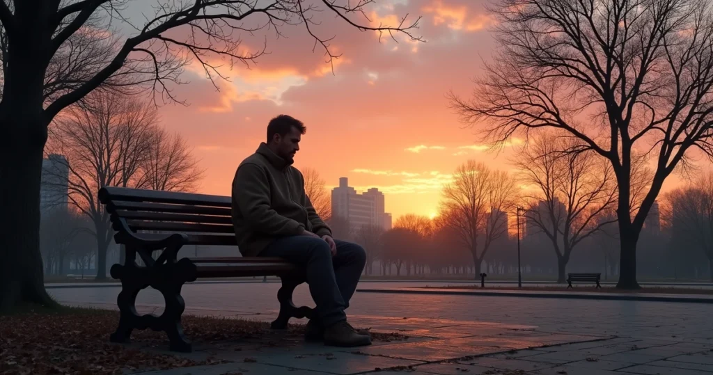Pessoa sozinha sentada em banco de praça urbana ao entardecer, ambiente vazio e céu com nuvens alaranjadas