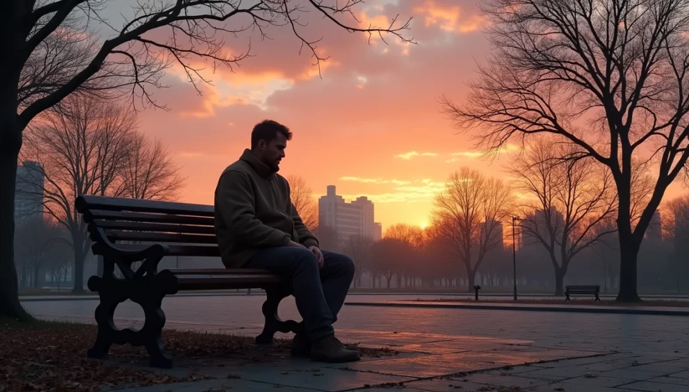 Pessoa sozinha sentada em banco de praça urbana ao entardecer, ambiente vazio e céu com nuvens alaranjadas