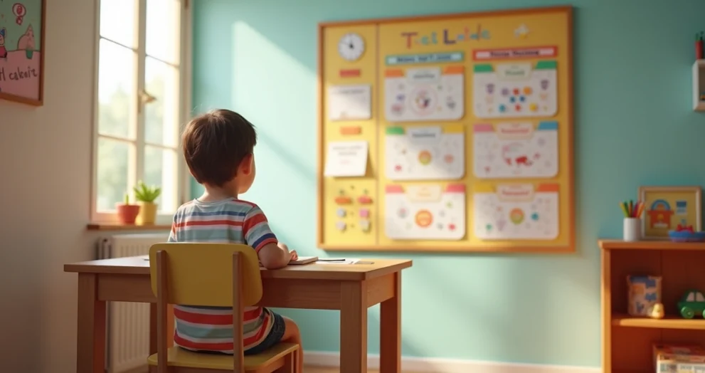 Criança sentada em mesa de madeira olhando para quadro de tarefas colorido com desenhos e horários na parede do quarto