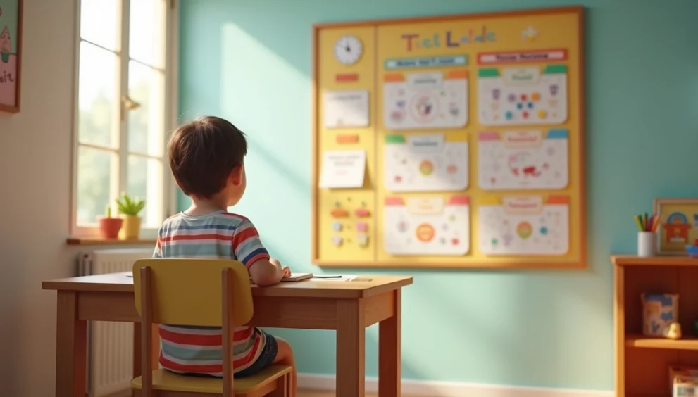 Criança sentada em mesa de madeira olhando para quadro de tarefas colorido com desenhos e horários na parede do quarto