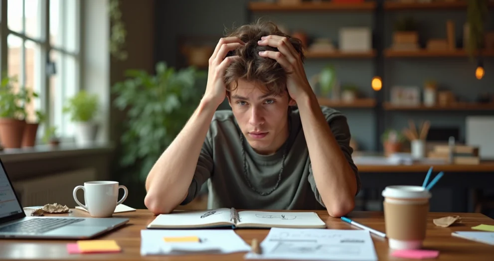 Adulto criativo pensando em frente ao notebook com vários papéis ao redor