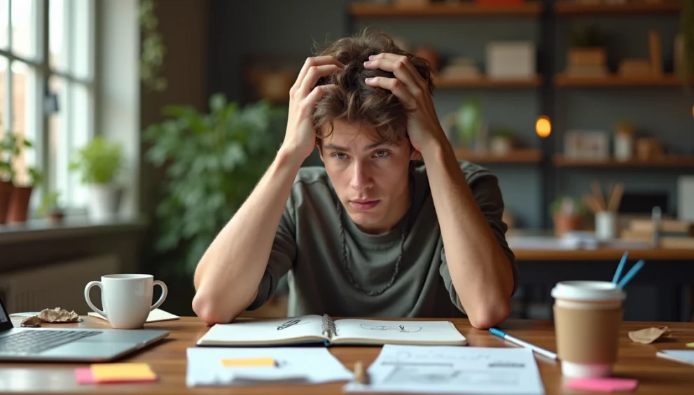 Adulto criativo pensando em frente ao notebook com vários papéis ao redor