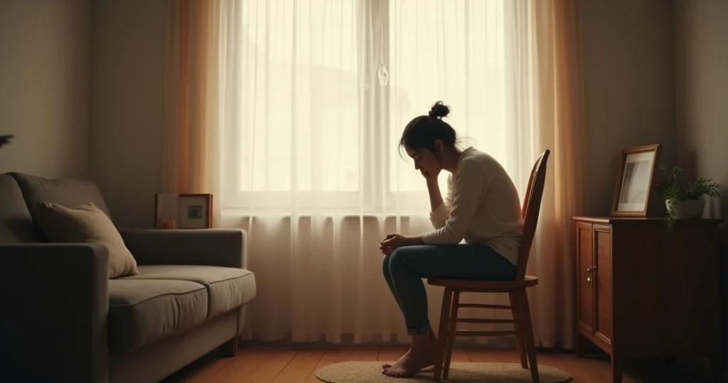 Mulher sentada sozinha em uma cadeira, olhando para baixo em ambiente doméstico com luz suave