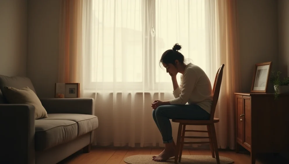 Mulher sentada sozinha em uma cadeira, olhando para baixo em ambiente doméstico com luz suave