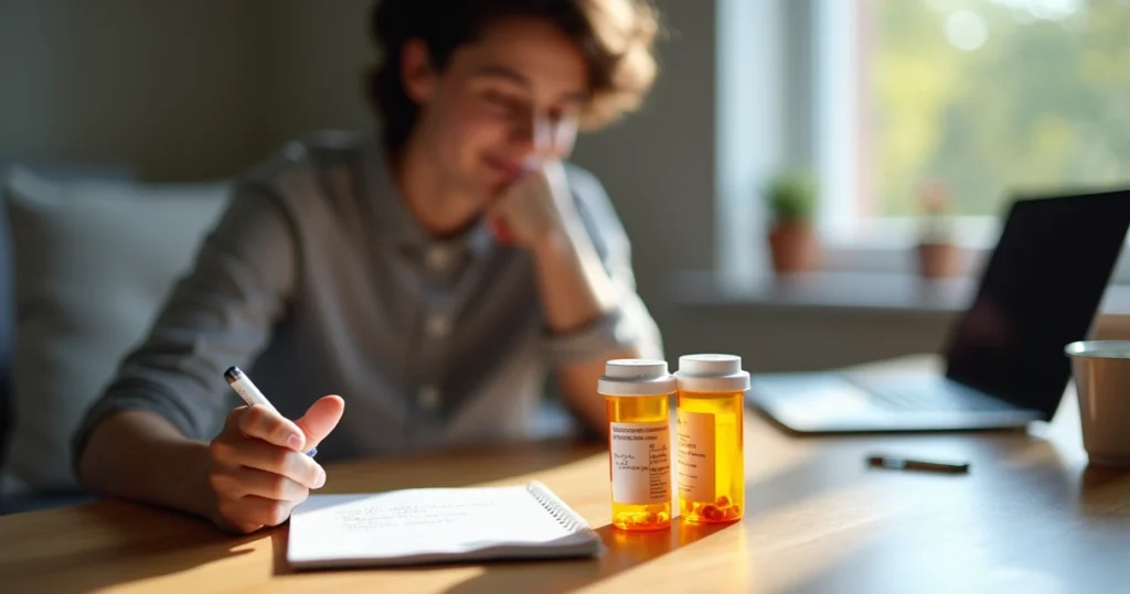 Pessoa avaliando frascos de remédios para TDAH sobre a mesa com expressão pensativa