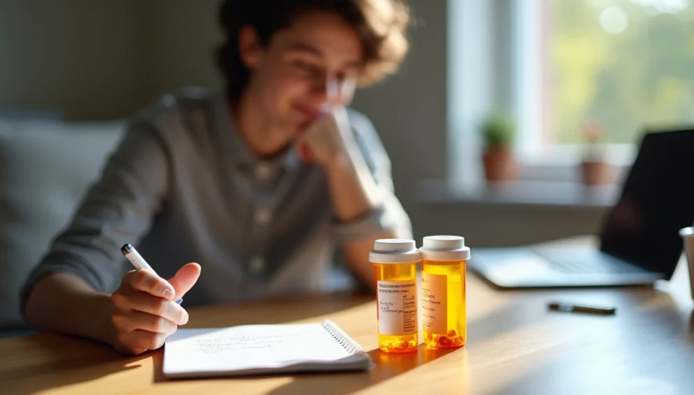 Pessoa avaliando frascos de remédios para TDAH sobre a mesa com expressão pensativa