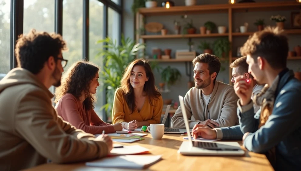 Grupo diverso de adultos neurodivergentes em encontro acolhedor
