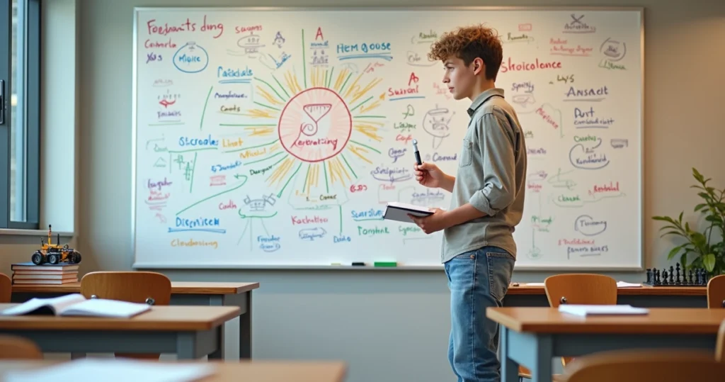 Jovem em sala de aula em pé diante de quadro cheio de ideias e desenhos conectados
