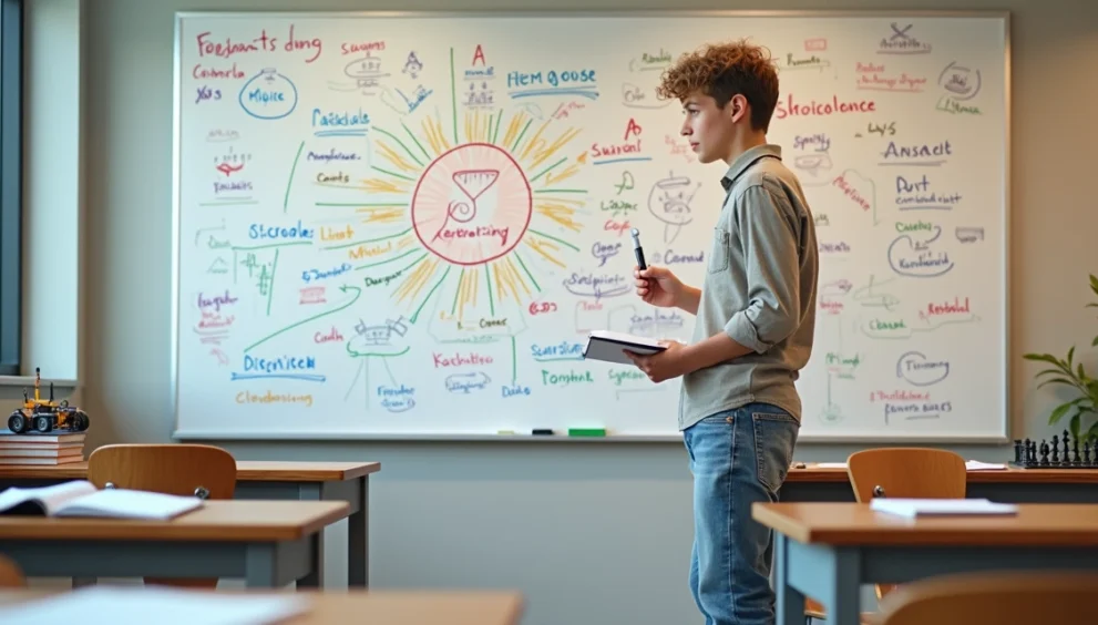 Jovem em sala de aula em pé diante de quadro cheio de ideias e desenhos conectados
