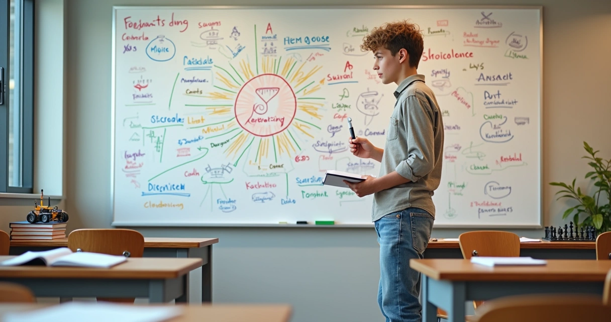 Jovem em sala de aula diante de quadro cheio de ideias