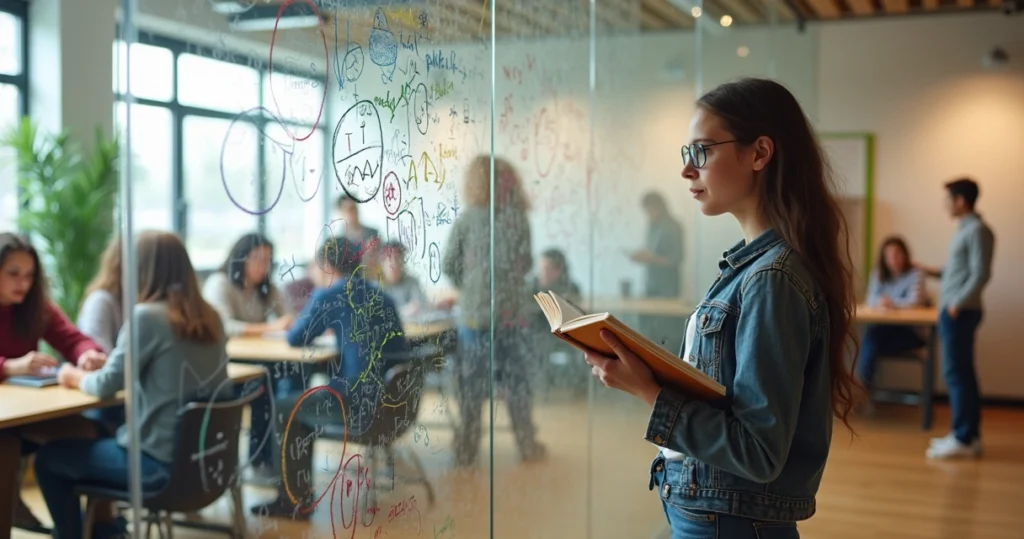 Jovem superdotado em sala de aula observando parede com desenhos e fórmulas coloridas
