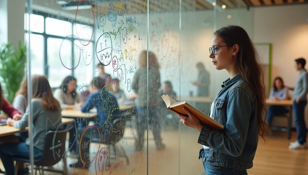 Jovem superdotado em sala de aula observando parede com desenhos e fórmulas coloridas