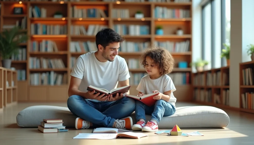 Adulto e criança superdotados lendo juntos em uma biblioteca moderna