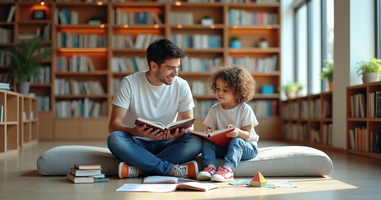 Adulto e criança superdotados lendo juntos em uma biblioteca moderna